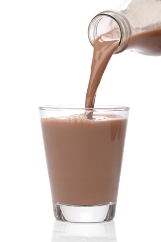 Chocolate milk being poured from bottle into glass