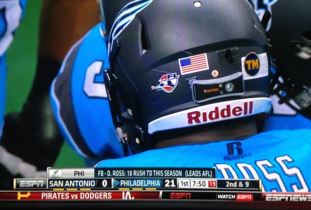 Brain Sentry sensor on helmet in AFL game on ESPN