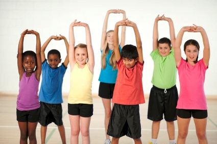 Elementary school kids stretching
