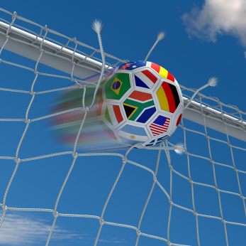 World Cup soccer ball with country flags flying through net