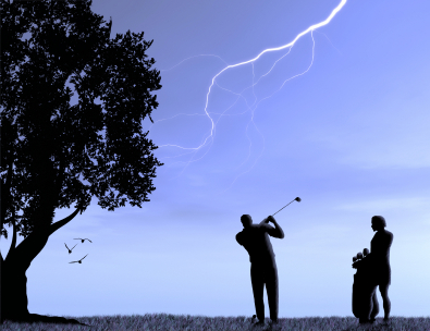 Lightning in sky while golfers play